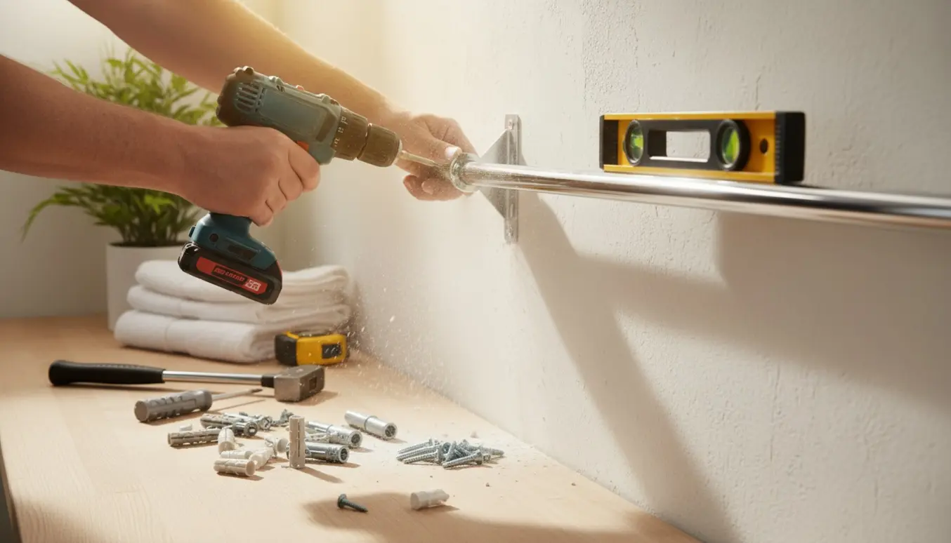 Hænder genopsætter en metalstang på en væg med bor, rawlplugs og beslag i et lyst rum.