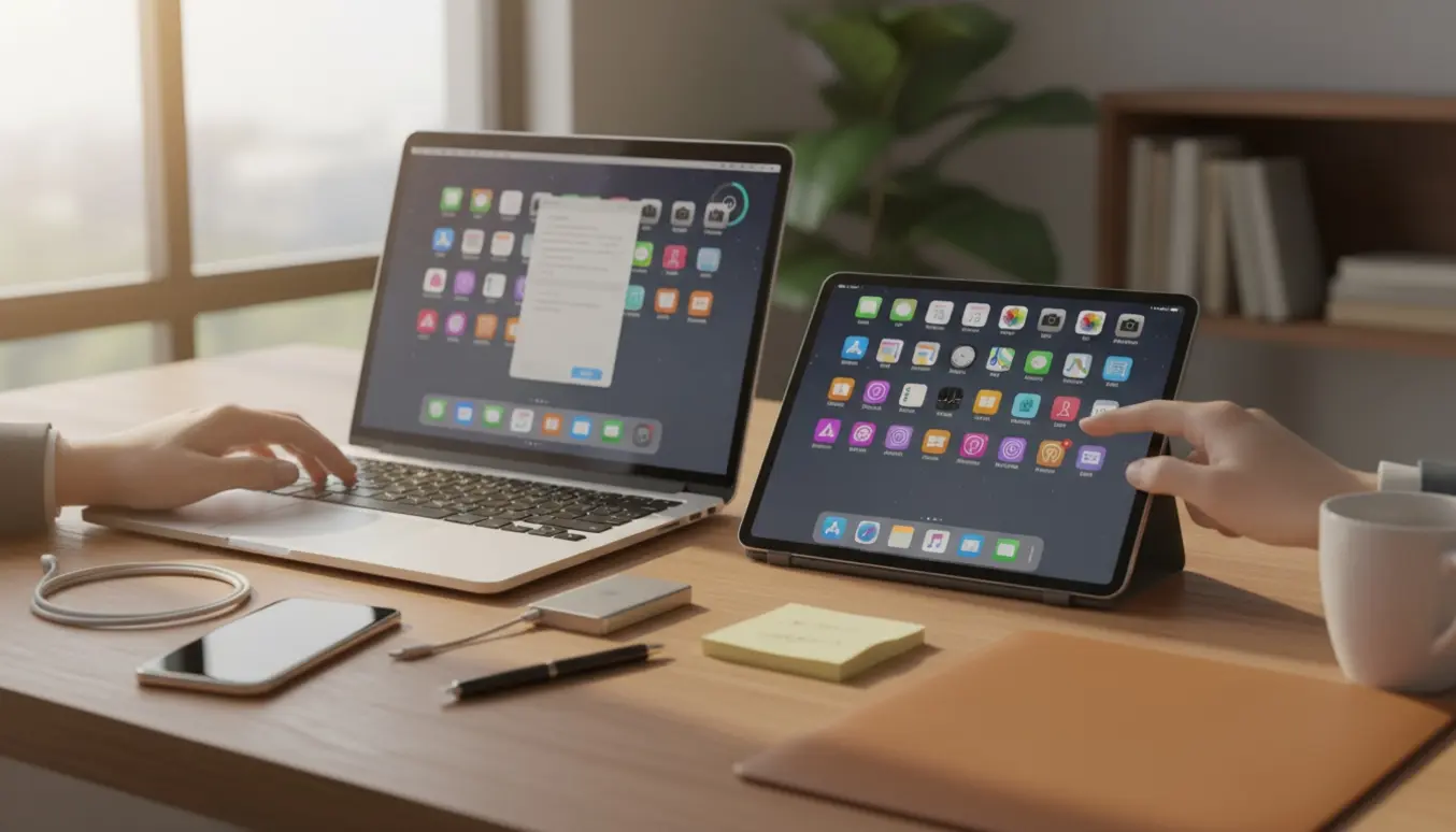 Laptop, iPad og iPhone på et ryddeligt skrivebord, hvor hænder synkroniserer apps og opsætter mail på computeren.