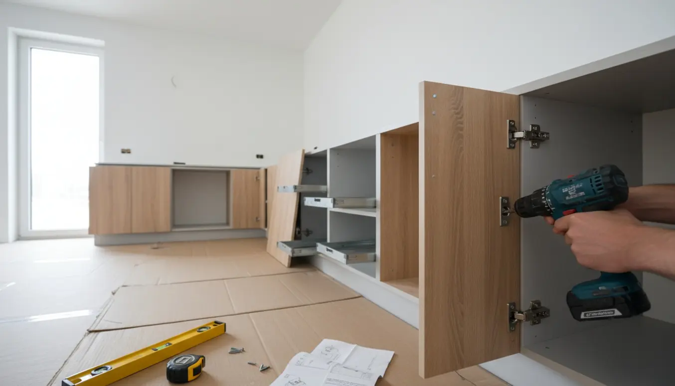 Montering af køkkenskabe i moduler med boremaskine og værktøj i et lyst køkken.