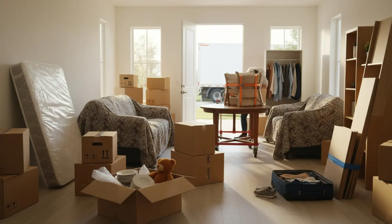 Flyttefolk læsser møbler og flyttekasser i et lyst, rummeligt hjem.