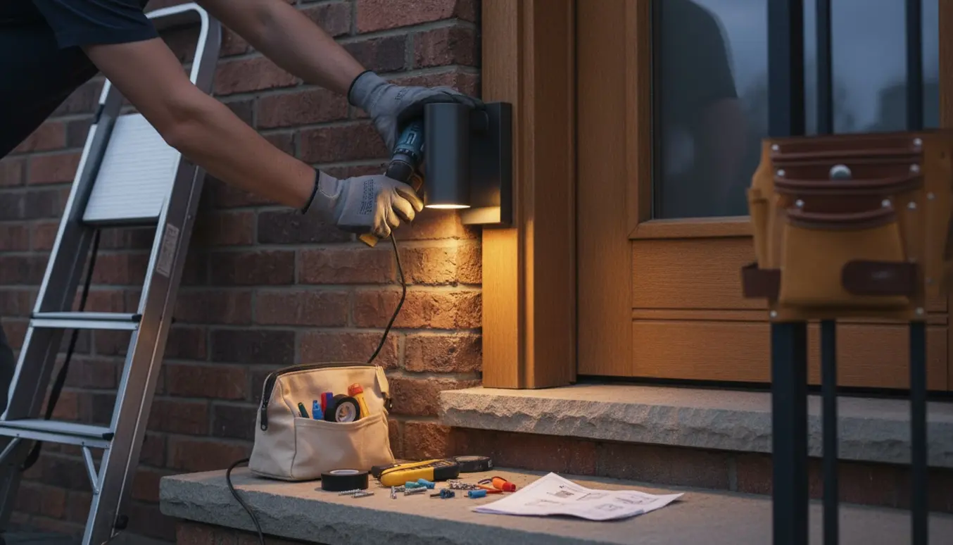 Håndværker monterer en udendørslampe med bevægelsessensor ved hoveddøren.