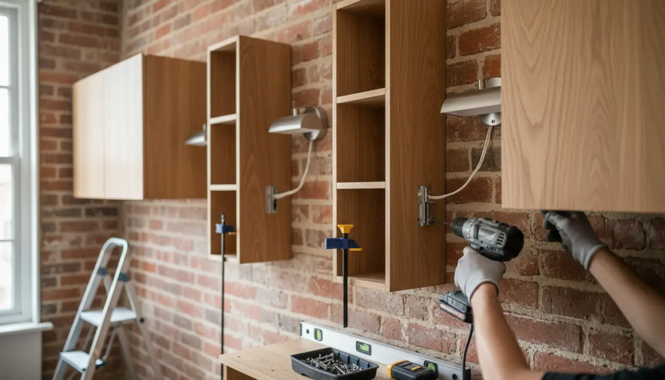 Hænder monterer træskabe og hylder på en murstensvæg med værktøj i forgrunden.
