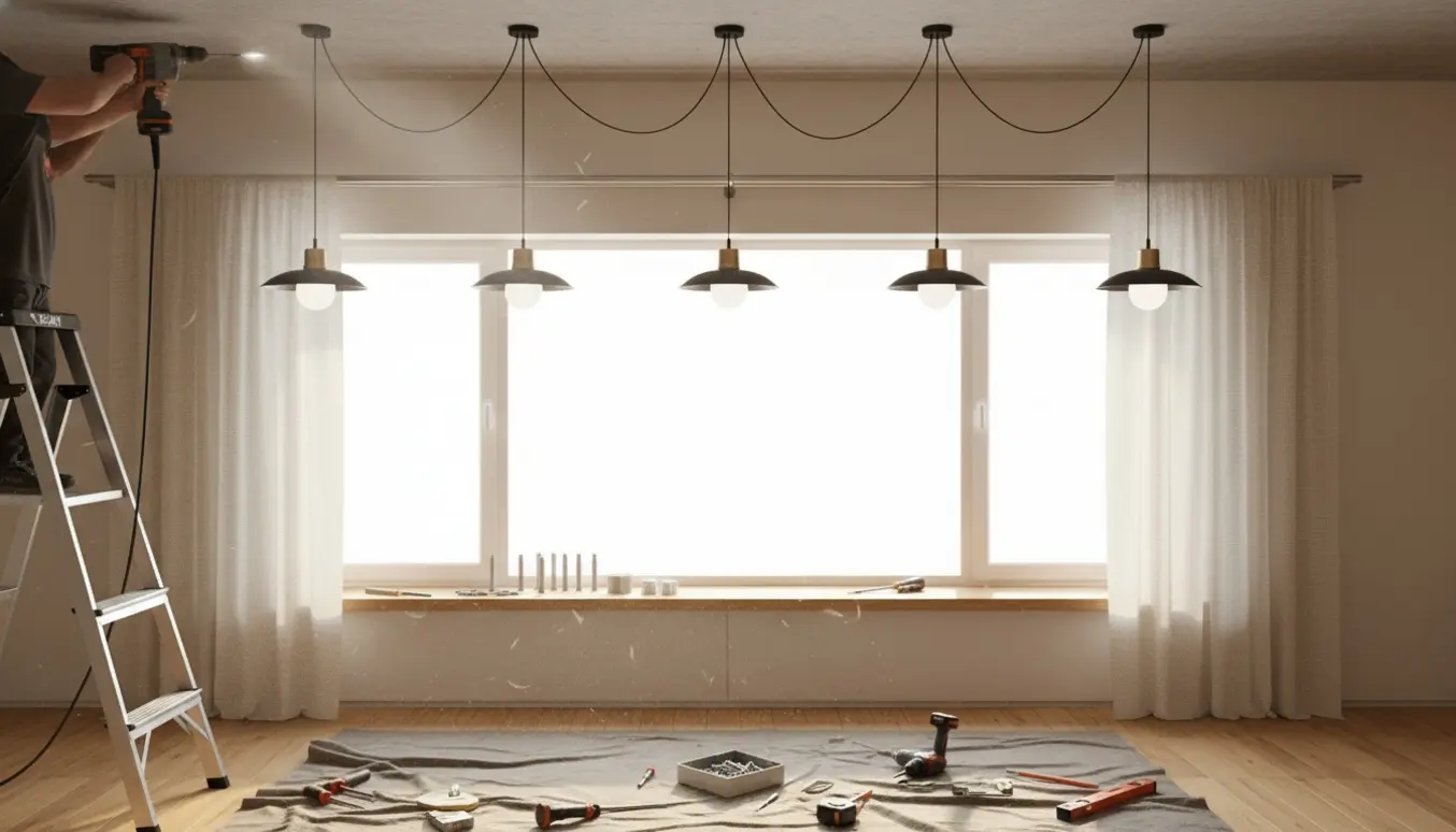 Person monterer lamper og gardinstænger i et hjem med boremaskine og stige.