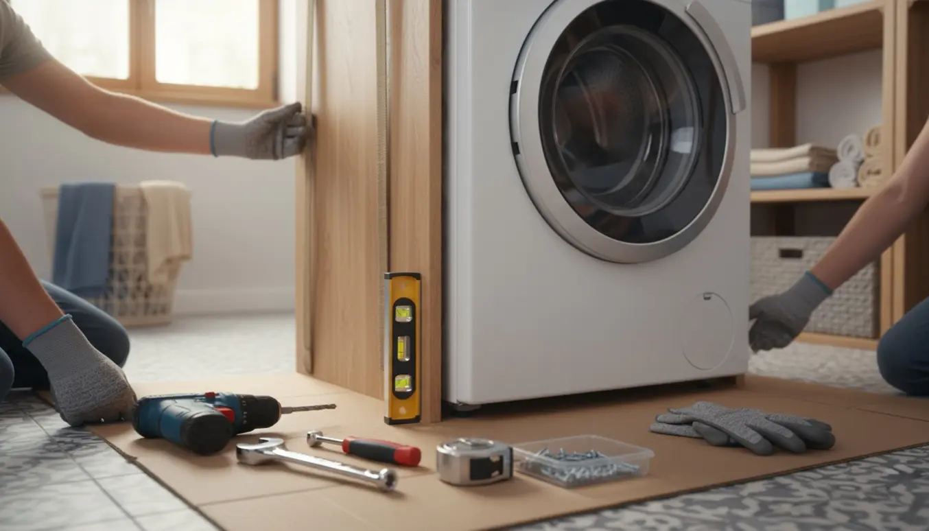 Hænder monterer et træskab under en vaskemaskine i et lyst og ryddeligt bryggers.