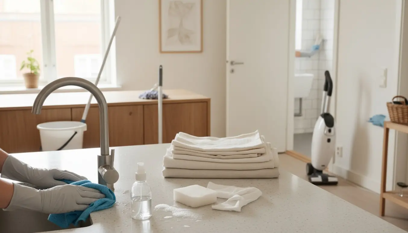 Hænder i handsker tørrer en køkkenvandhane med kalk i en solbelyst lejlighed, med mop, støvsuger og rene sengetøj i baggrunden.