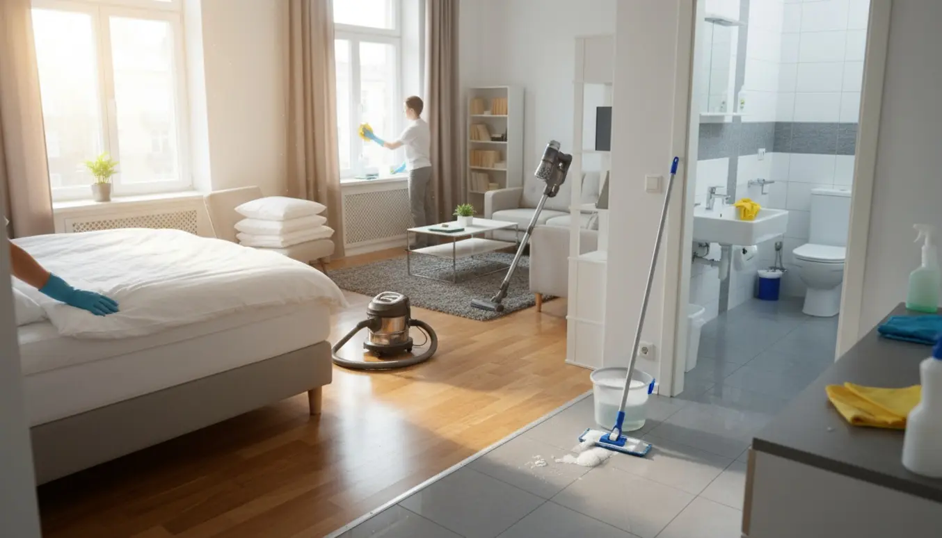 Lyst hjem i gang med månedlig rengøring med nyvasket sengetøj, støvsuger, moppe og rengøringsmidler.