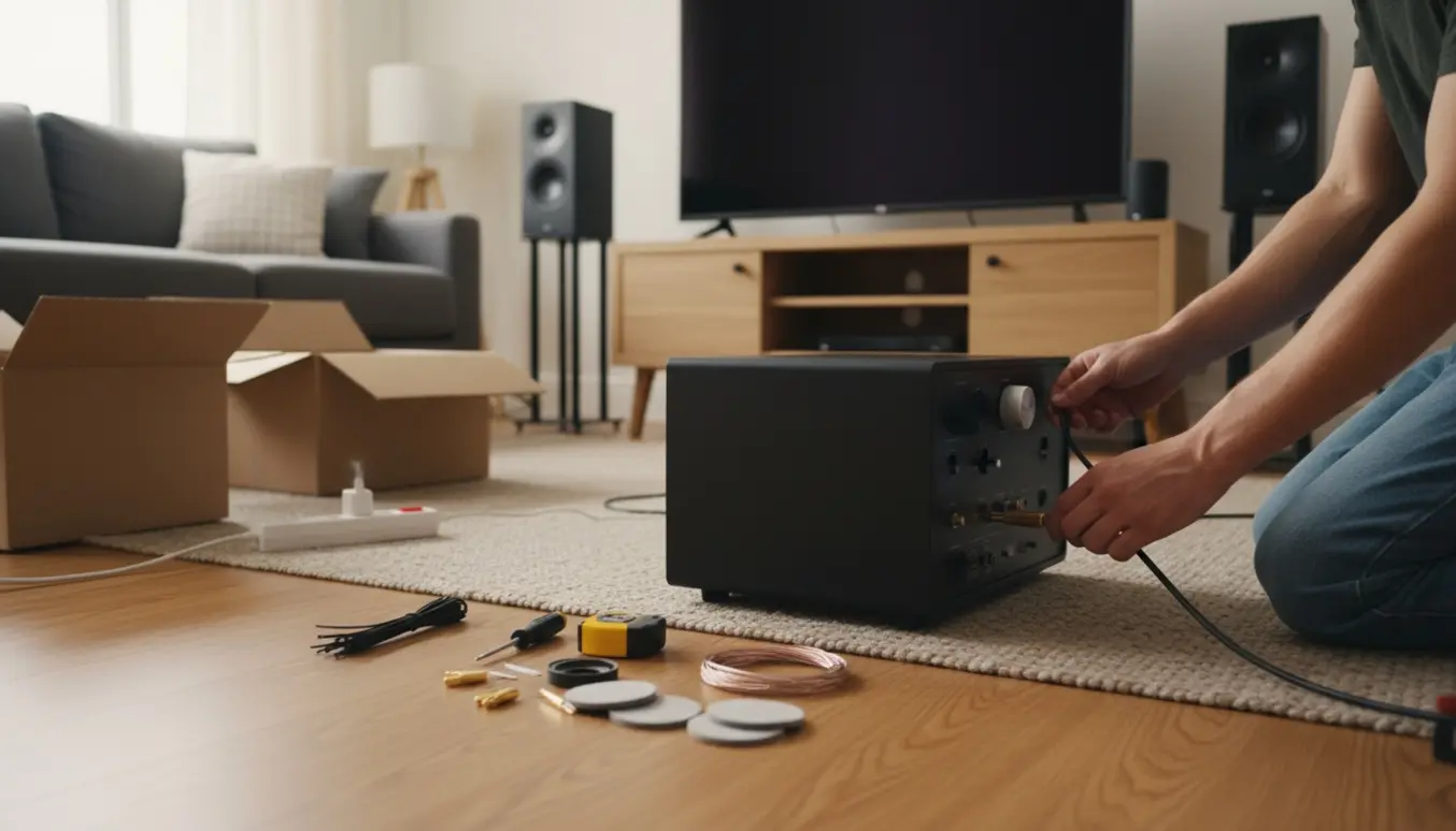 Hænder tilslutter en subwoofer og receiver i en nyindflyttet stue uden at vise ansigtet.