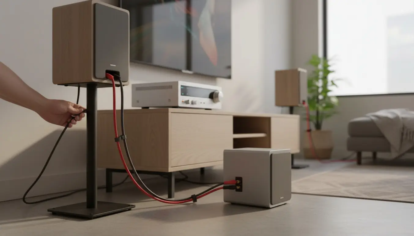 Nærbillede af hænder, der tilslutter højttaler- og subwooferkabler til et hi-fi-receiver og forbinder tv'et med et digitalt kabel i en moderne stue.