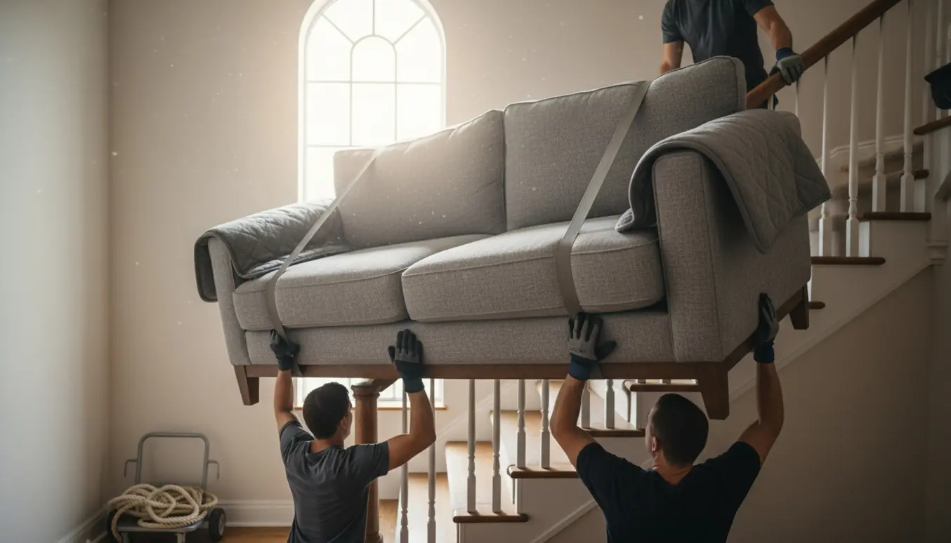 Tre personer løfter en 2,5-personers sofa op ad en trappe til 1. sal med tæpper og løftestropper.