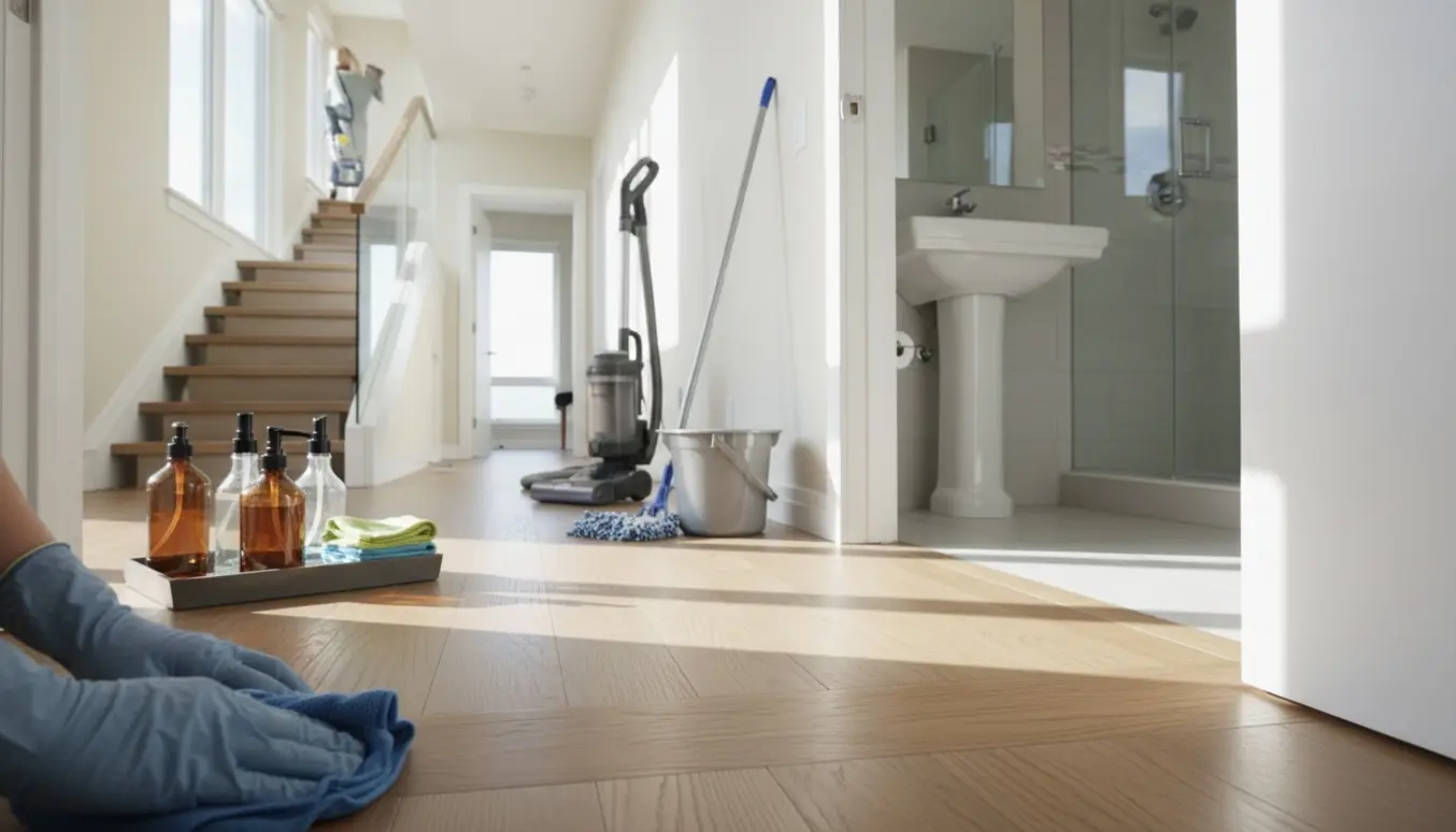 Lyst, ryddeligt to-etagers lejlighedsinteriør med rengøringsudstyr og hænder, der pudser lister og åbent badeværelse.