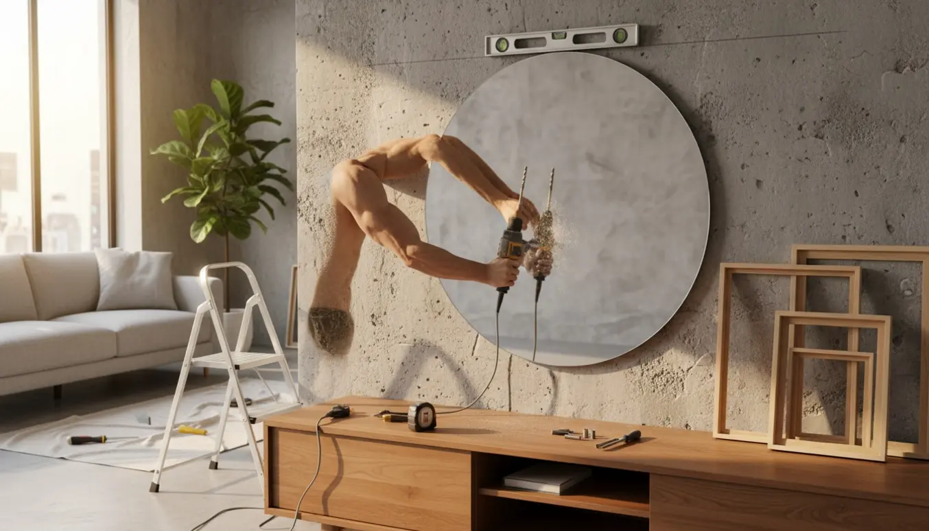 En person ophænger et stort spejl og billeder på en betonvæg i en lys stue med bor, rawlplugs og vaterpas synligt.