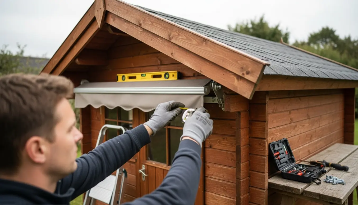 Hænder inspicerer og justerer en markise monteret på et træ-havehus i Ballerup.