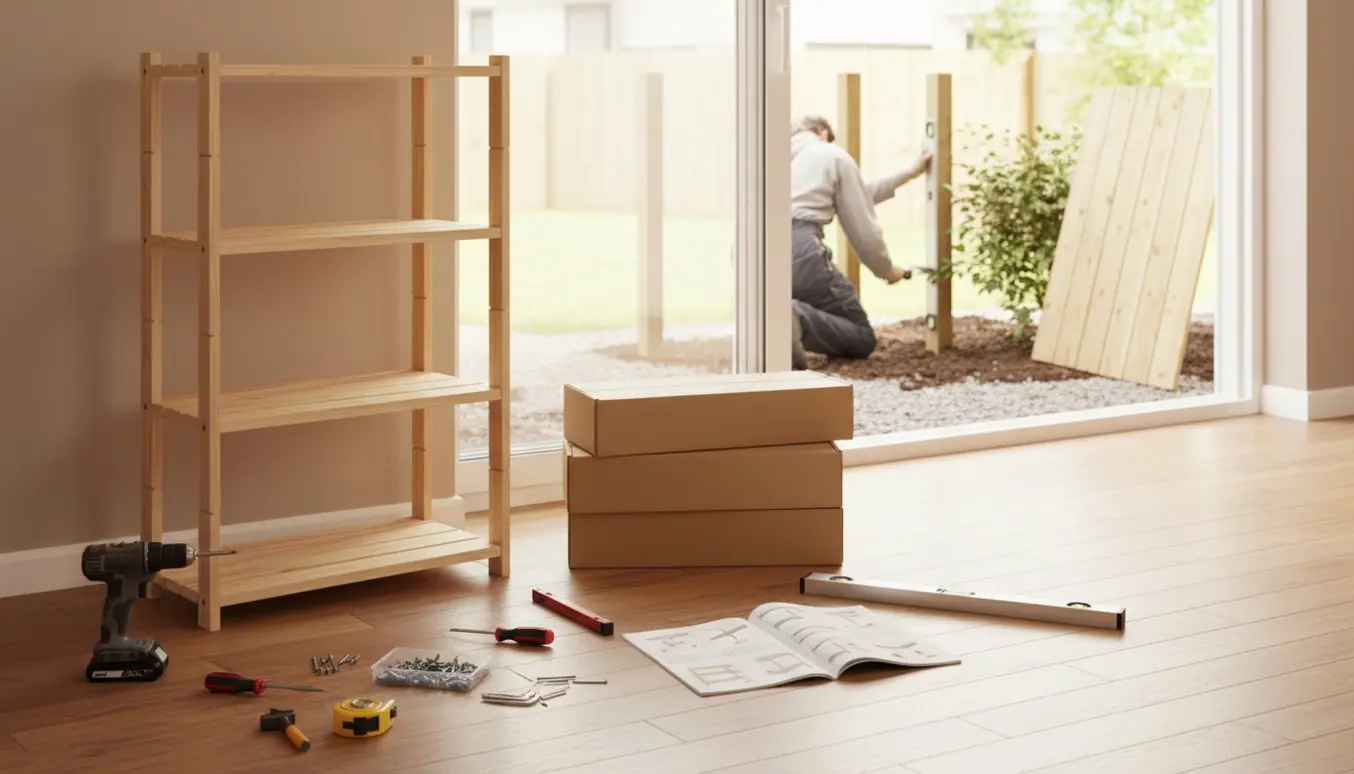 Lys hjemme scene med samling af reoler indendørs og opsætning af træhegn i haven.