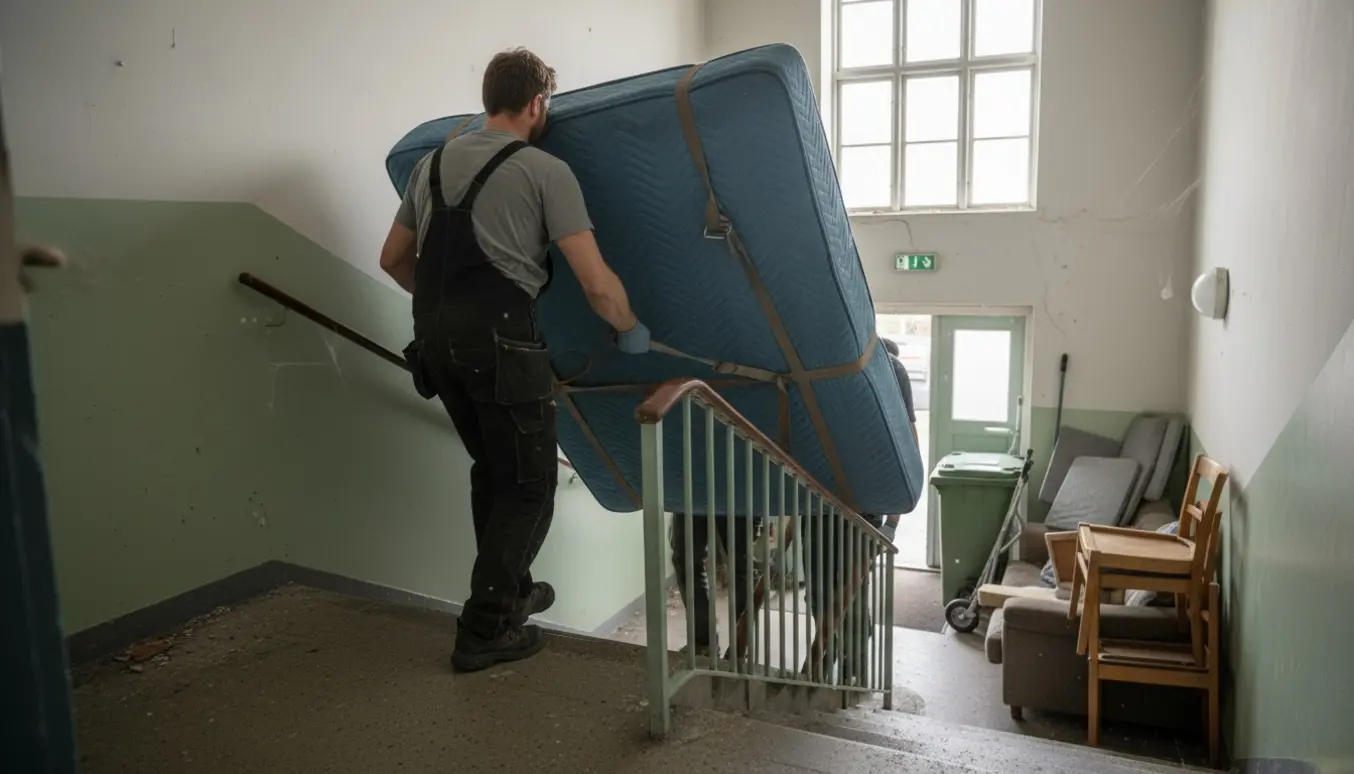 To flyttefolk bærer en indpakket 180x200 dobbeltseng ned ad en trappe mod en container.