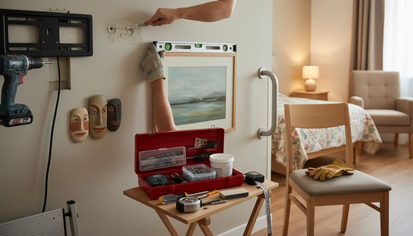 En håndværker monterer et fladskærms-tv og hænger malerier i et hyggeligt plejehjemsværelse.