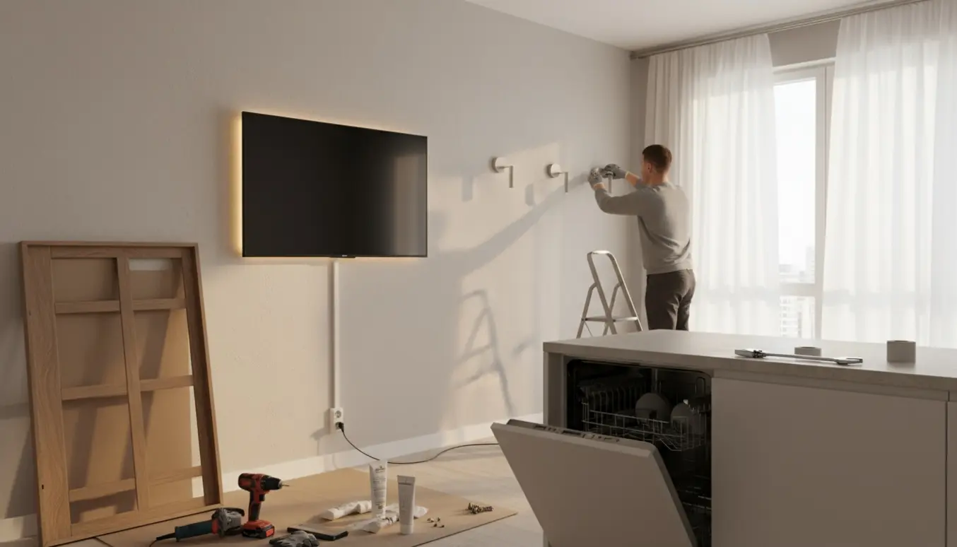 Hænder og værktøj justerer opvaskemaskine og monterer væglamper i en lys lejlighed.