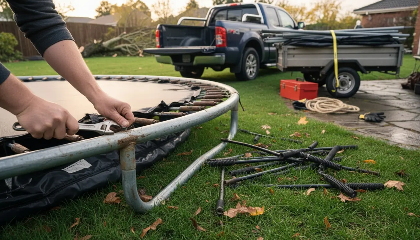 Ødelagt trampolin skilles ad i haven og læsses på trailer klar til genbrugspladsen.