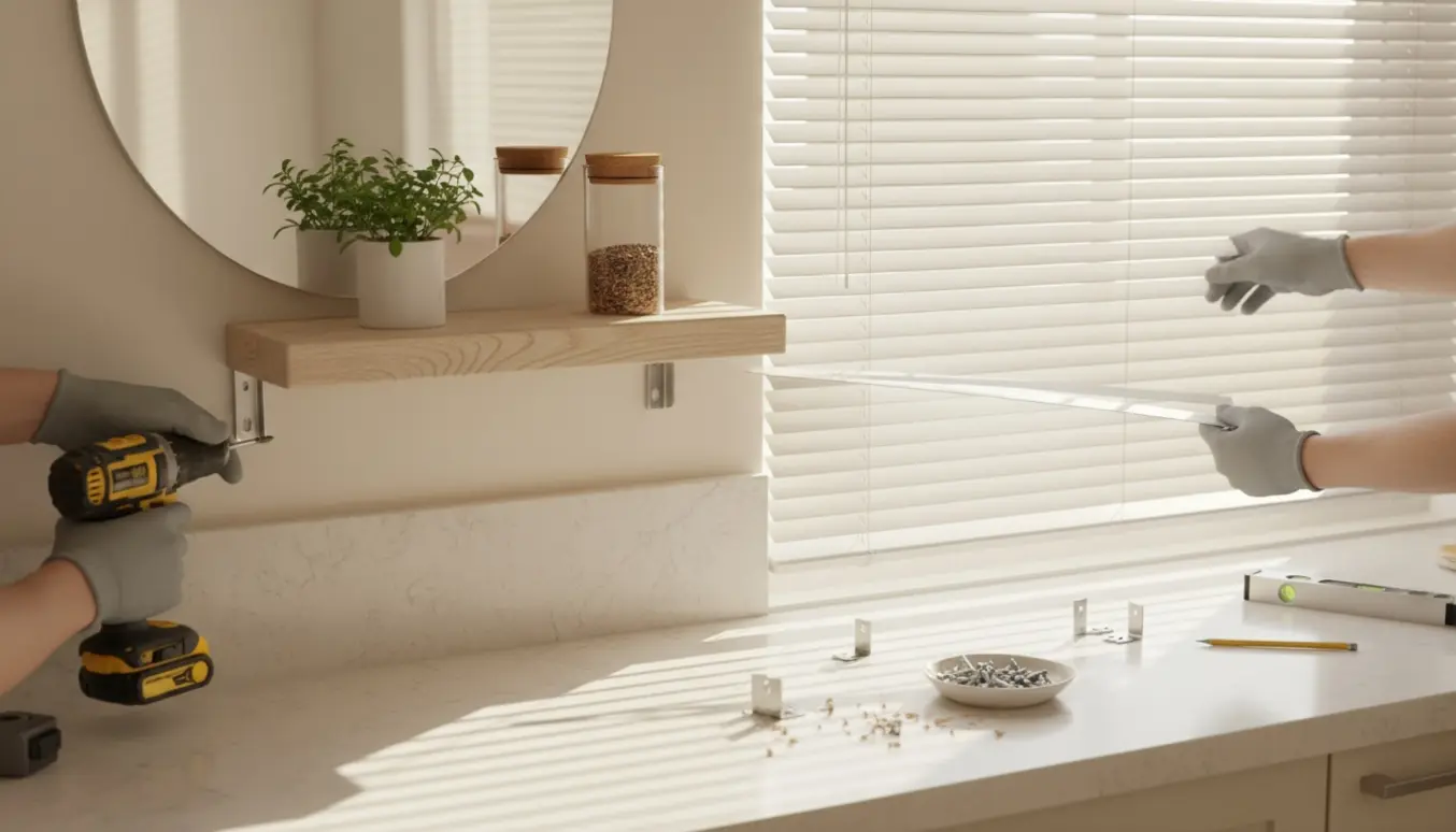 Nyt persienne foran køkkenvindue og en lille flydende hylde monteret foran et spejl med værktøj på køkkenbordet.