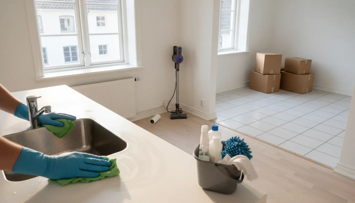 Rengøringshandsker og rengøringsmidler i en lys lejlighed i Søborg, hvor køkkenbordet aftørres.