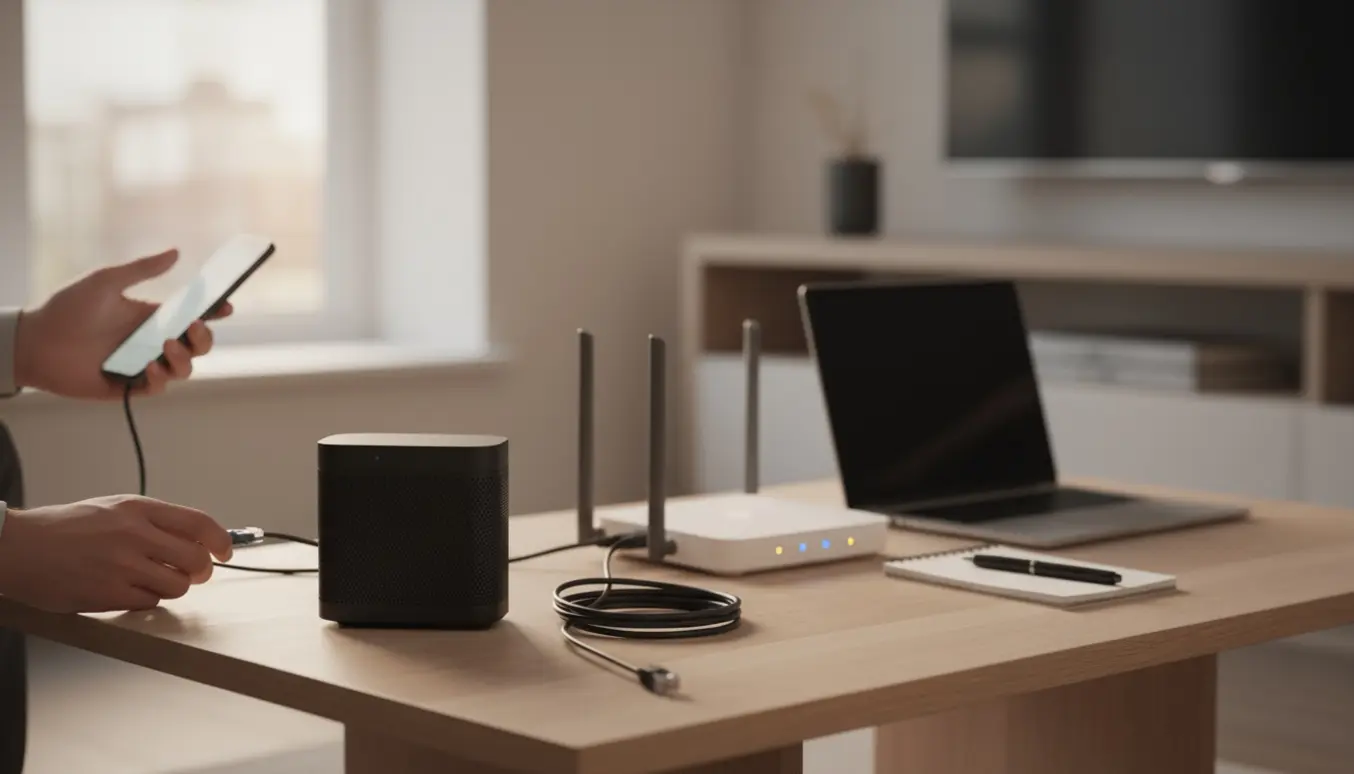 Hænder fejlsøger en trådløs højttaler ved en router i en moderne stue.