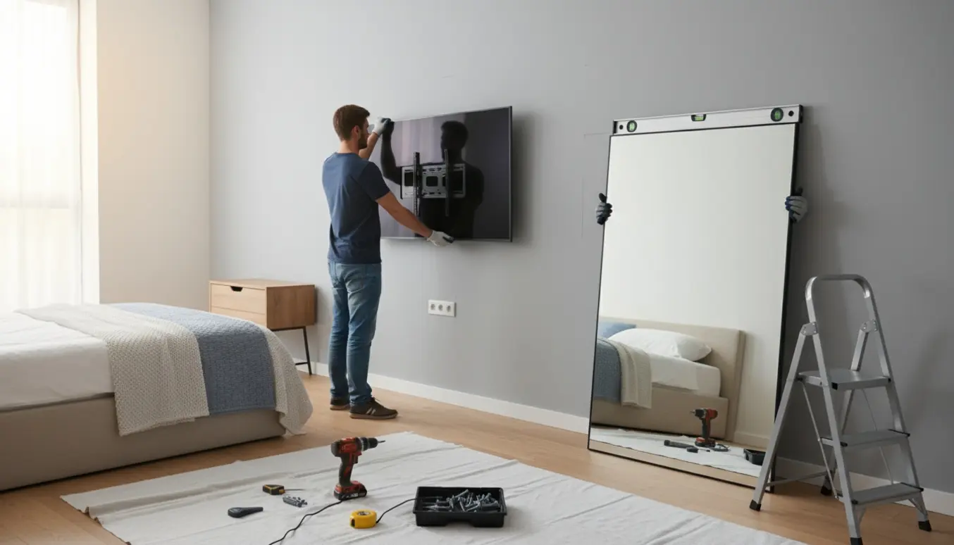 To hænder monterer et TV og et spejl på væggen i et lyst, moderne soveværelse.