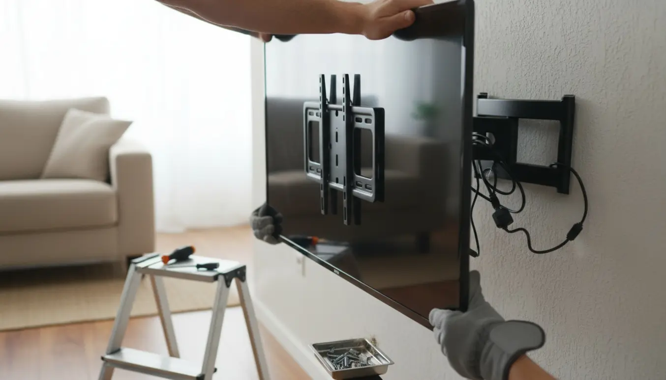 Nedtagning af et 48'' fladskærms-tv fra et vægbeslag i et lyst, moderne opholdsrum med værktøj klar.