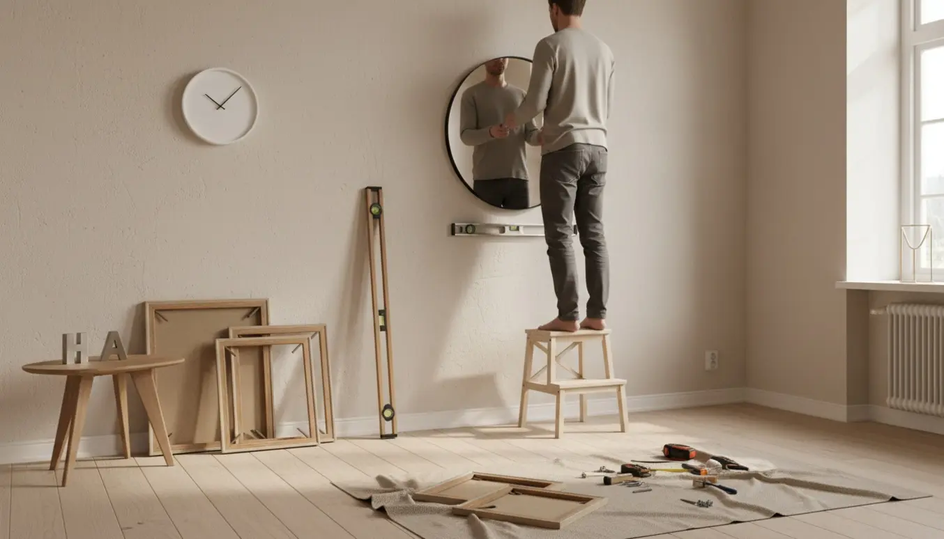 En person monterer et rundt spejl på en lys stuevæg med værktøj og rammer klar.