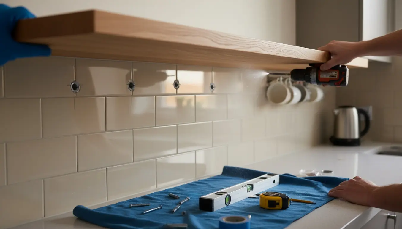 Lang egetræssvævehylde (3,6 m) bliver forsigtigt monteret over køkkenfliser med boremaskine, rawlplugs og værktøj synligt.