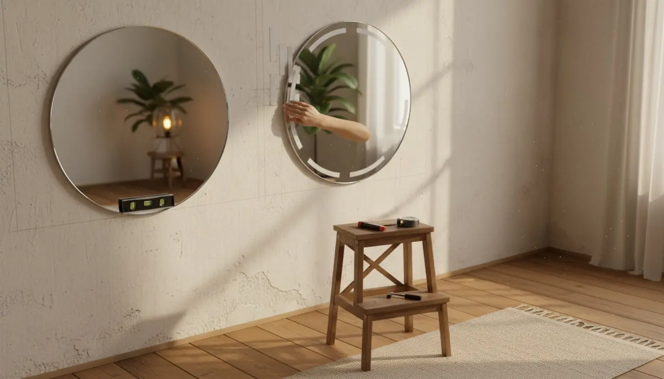 Hænder hænger to spejle op med klæbestrimler og vaterpas i en lys entré.