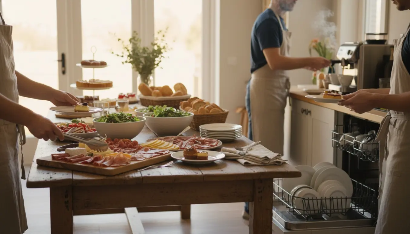 Hænder arrangerer buffet, serverer dessert og fylder opvaskemaskinen i et lyst hjemmekøkken.