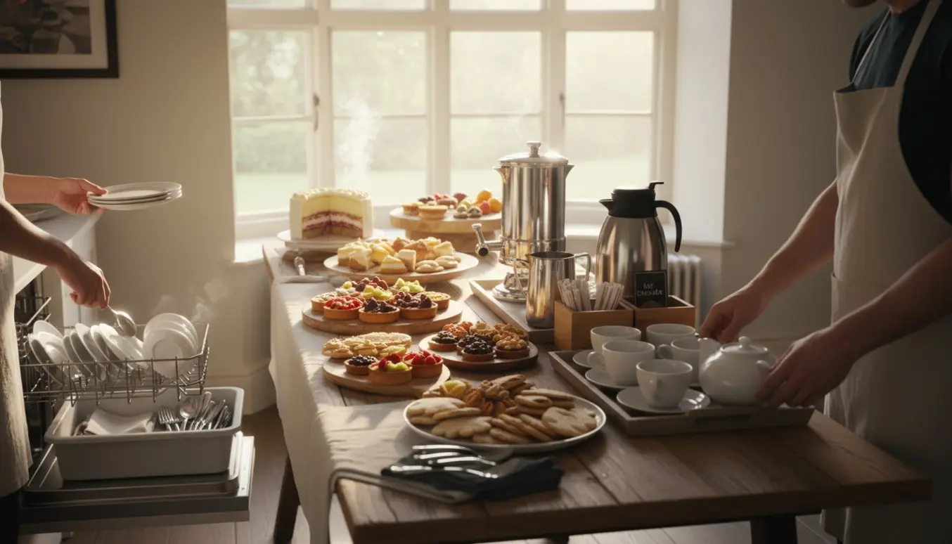 Serveringshænder arrangerer desserter og en kaffestation på et buffetbord i et privat hjem, med opvask i baggrunden.