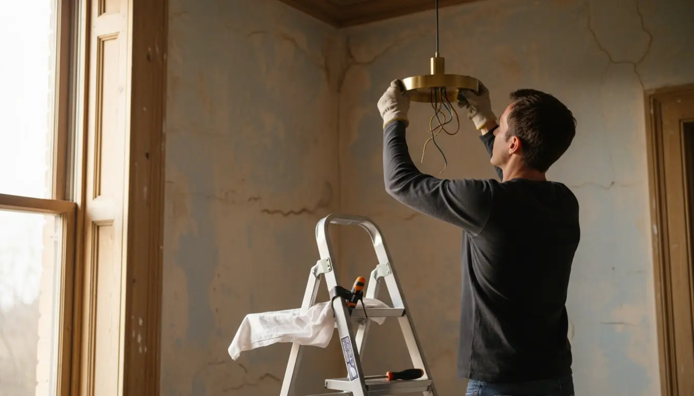 En person installerer en loftlampe på en stige i et rum med gamle, strukturerede vægge.