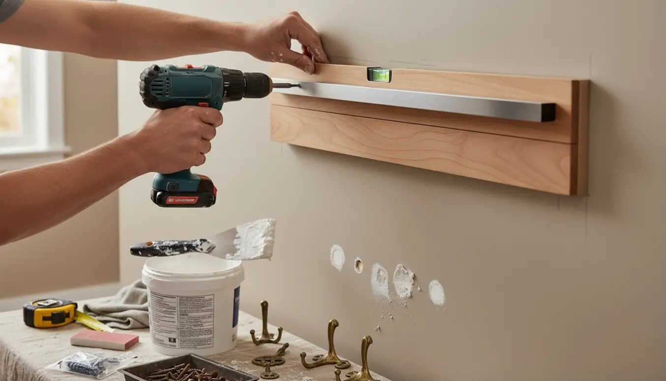 Hænder skruer en ny knagerække op på en væg med værktøj, spartelmasse og afmonterede kroge i nærheden.