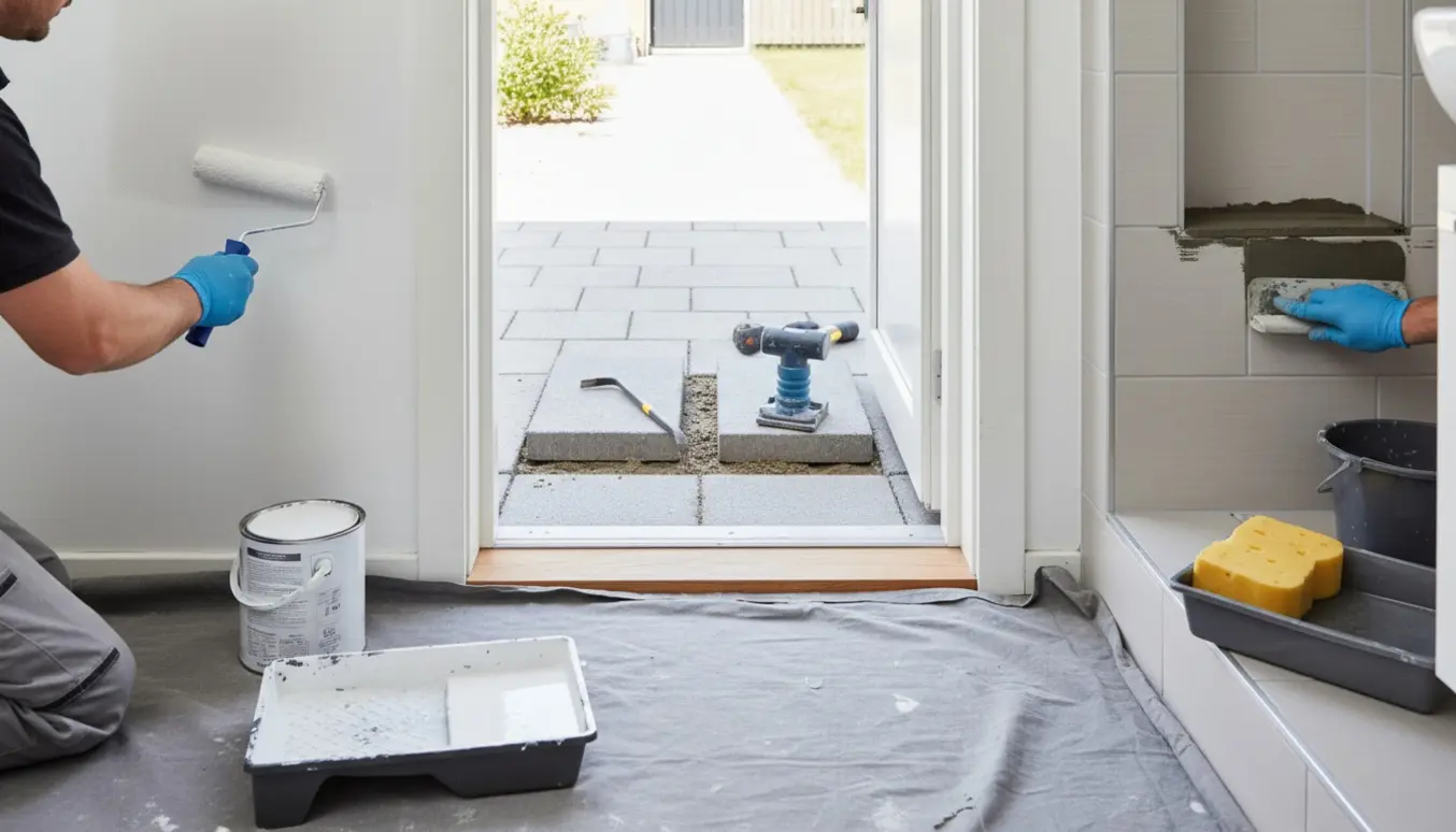 Hænder og værktøj viser maling af hvid gang, reparation af sænkede belægningssten og fugearbejde i en bruseniche.