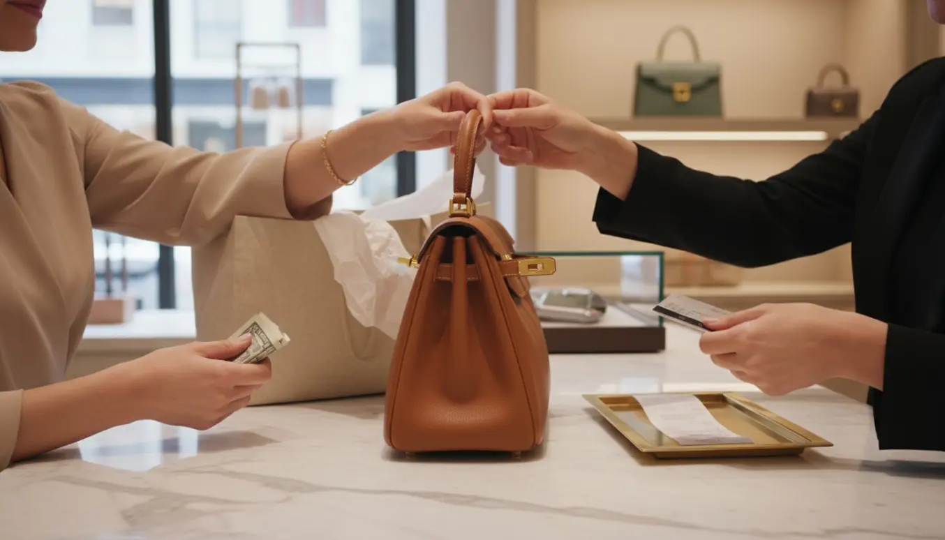 Hænder udveksler en luksuslærertaske over en marmor-disk i en elegant butik uden synlige logoer.