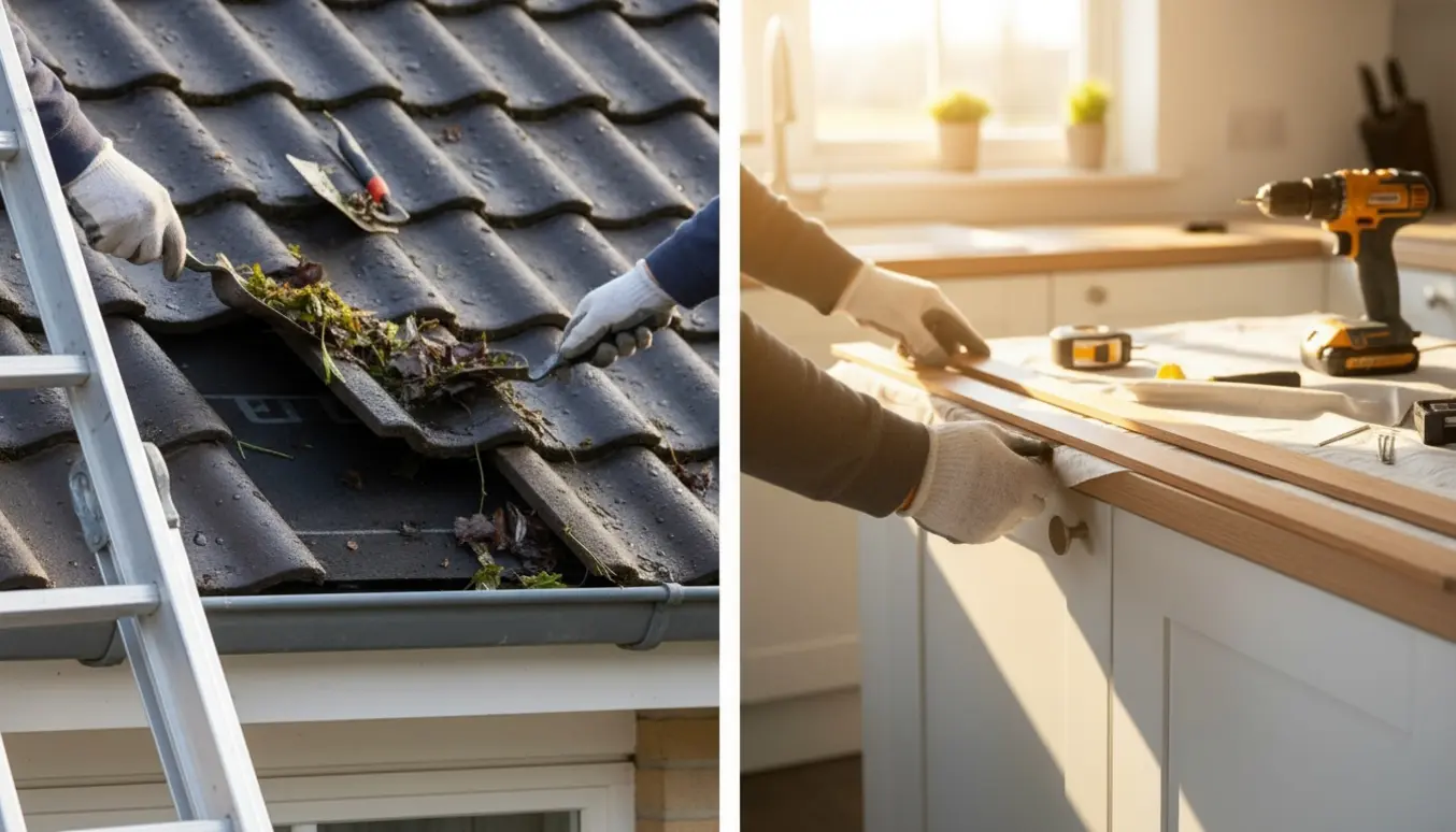 Udhæng og tagrende renses og repareres udvendigt, mens lister monteres i et lyst køkken.