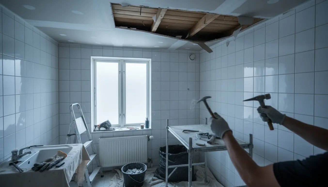 Nedrivning af loft i lille københavnsk badeværelse med eksponeret træloft og værktøj.