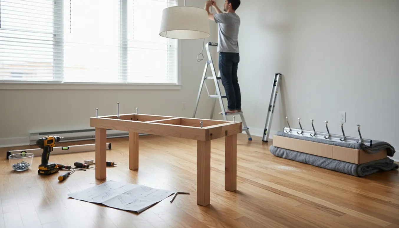 Baggrundsbillede af en person uden synligt ansigt, der monterer en lampe i en lys lejlighed med persienner, værktøj og en delvist samlet bænk.