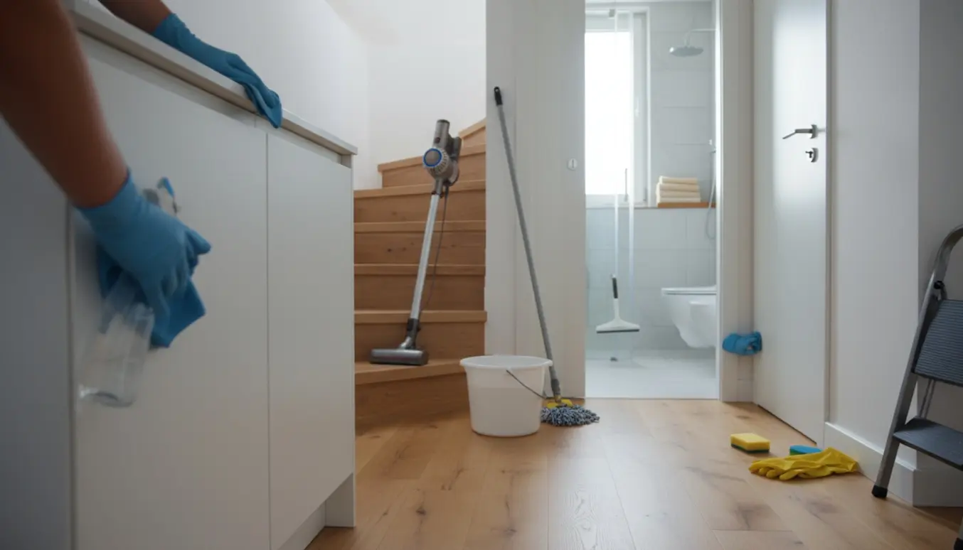 Lyse, rene rum i en åben-plan lejlighed med køkkenlåger, gulve og trapper under rengøring.