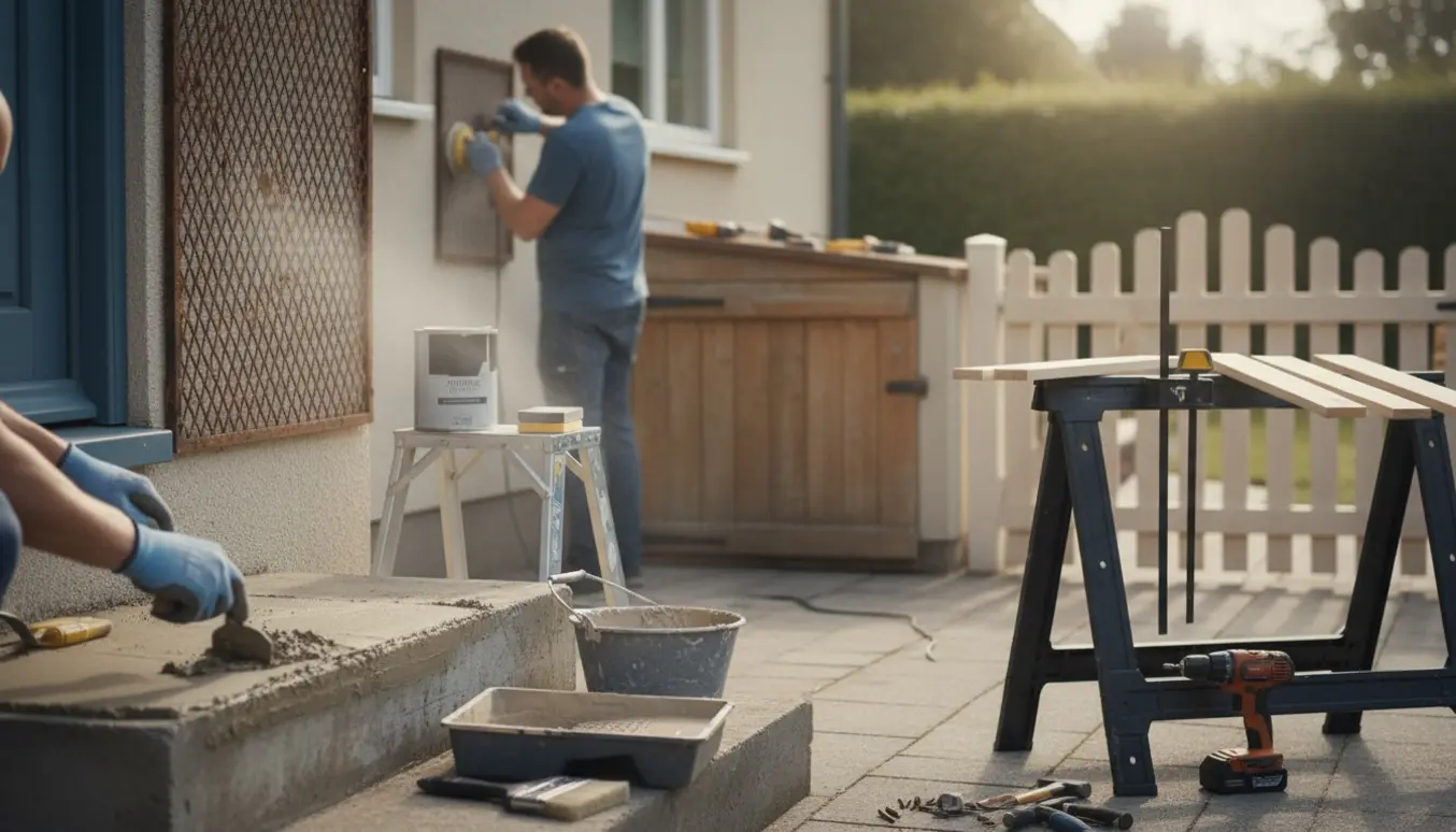 Udsnit af udvendige reparationsarbejder med pudsreparation, slibning af metalgitter, maling af dør og reparation af havelåge.