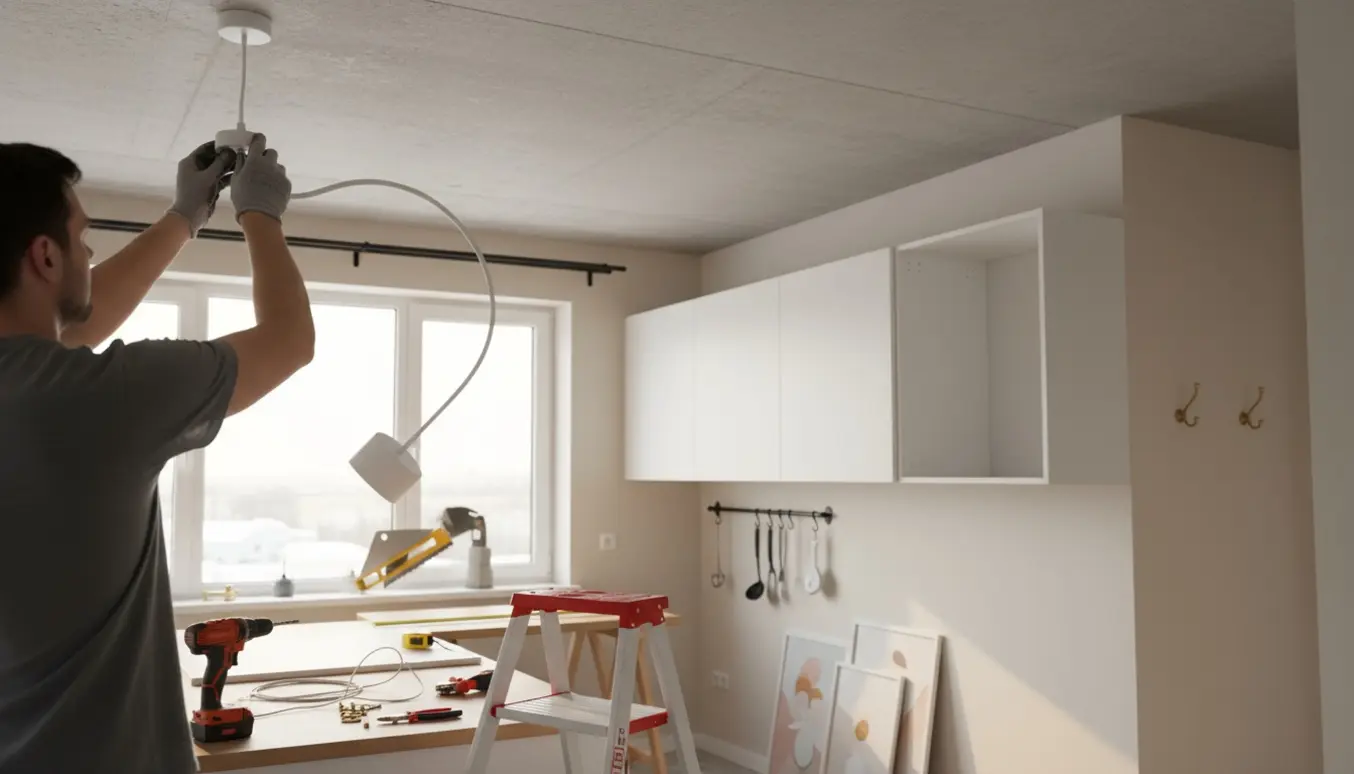 Hænder monterer en pendel med hvid ledning i en nybygget lejlighed, mens skabe, gardinstang og rullegardin forberedes i baggrunden.