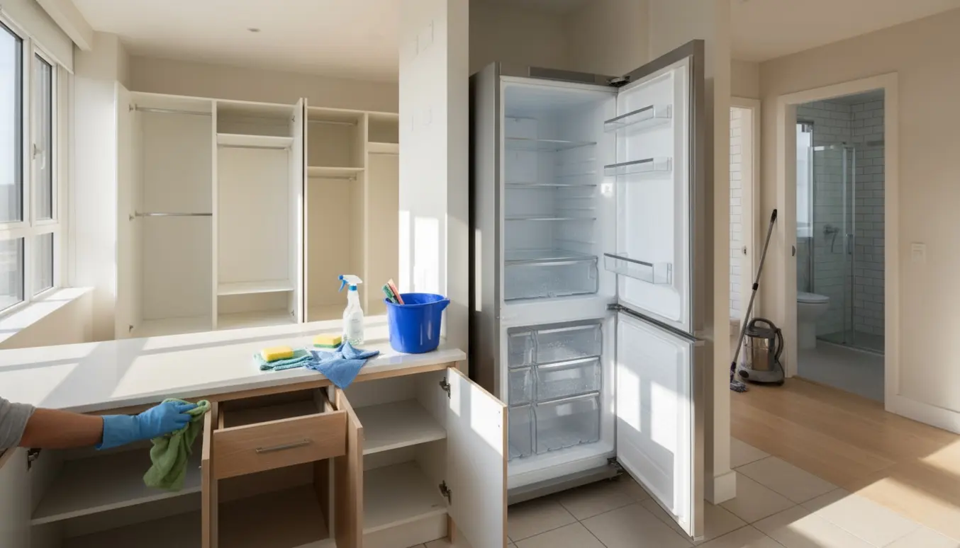 Solbelyst lejlighed under slutrengøring med åbne køkkenskabe, to garderobeskabe, et åbent køle-/fryseskab og et rengjort badeværelse.