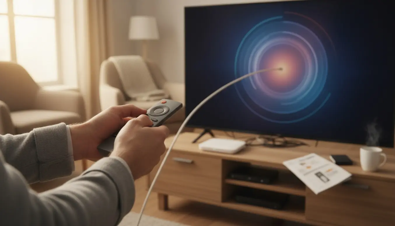 Hænder indstiller tv-kanaler med fjernbetjening og coax-kabel foran et fladt tv i en lys stue.