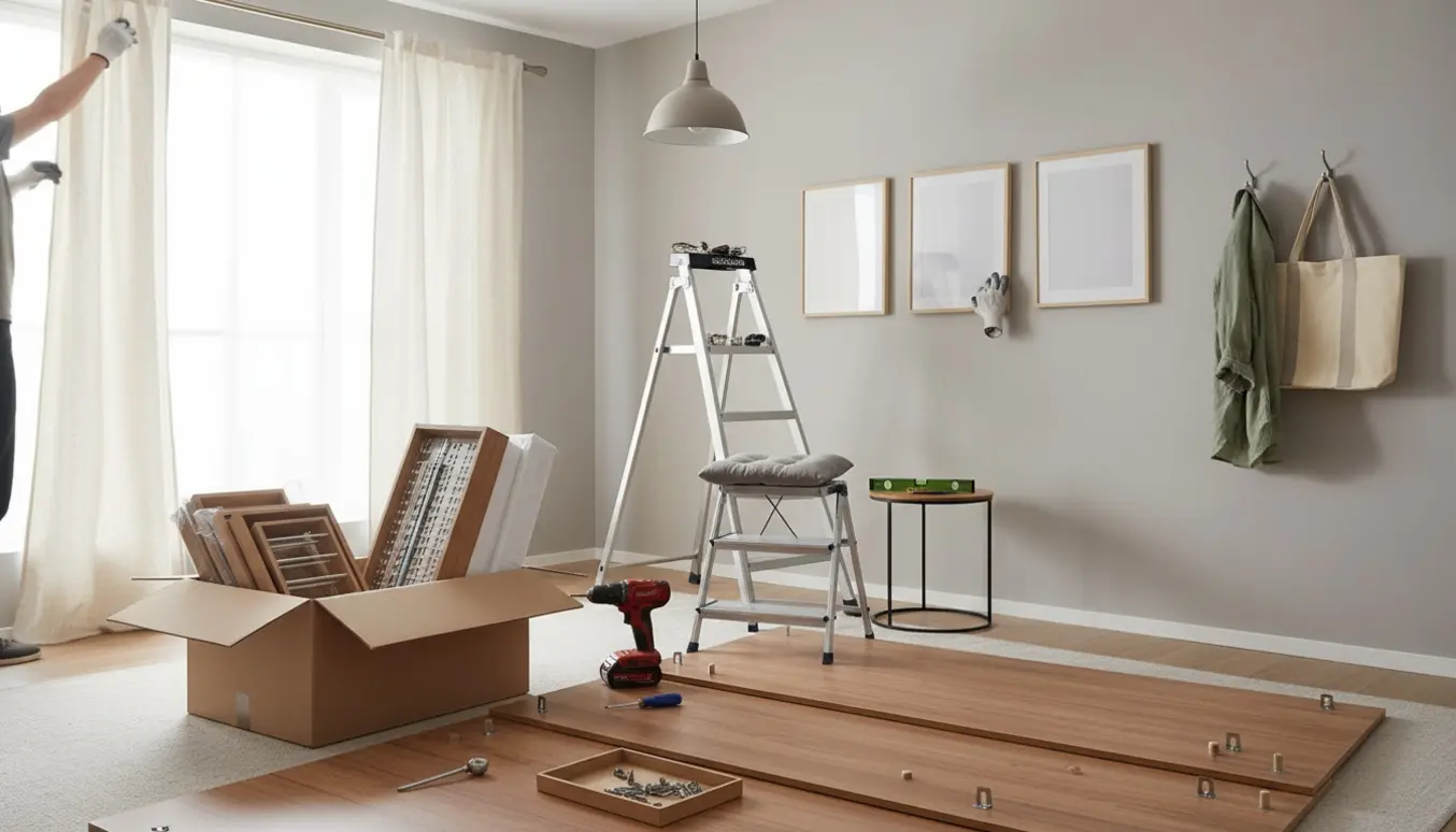 Halvt samlet garderobeskab, værktøj, ophængt gardin, tre billeder, loftlampe på stige og to knager i en lejlighed.