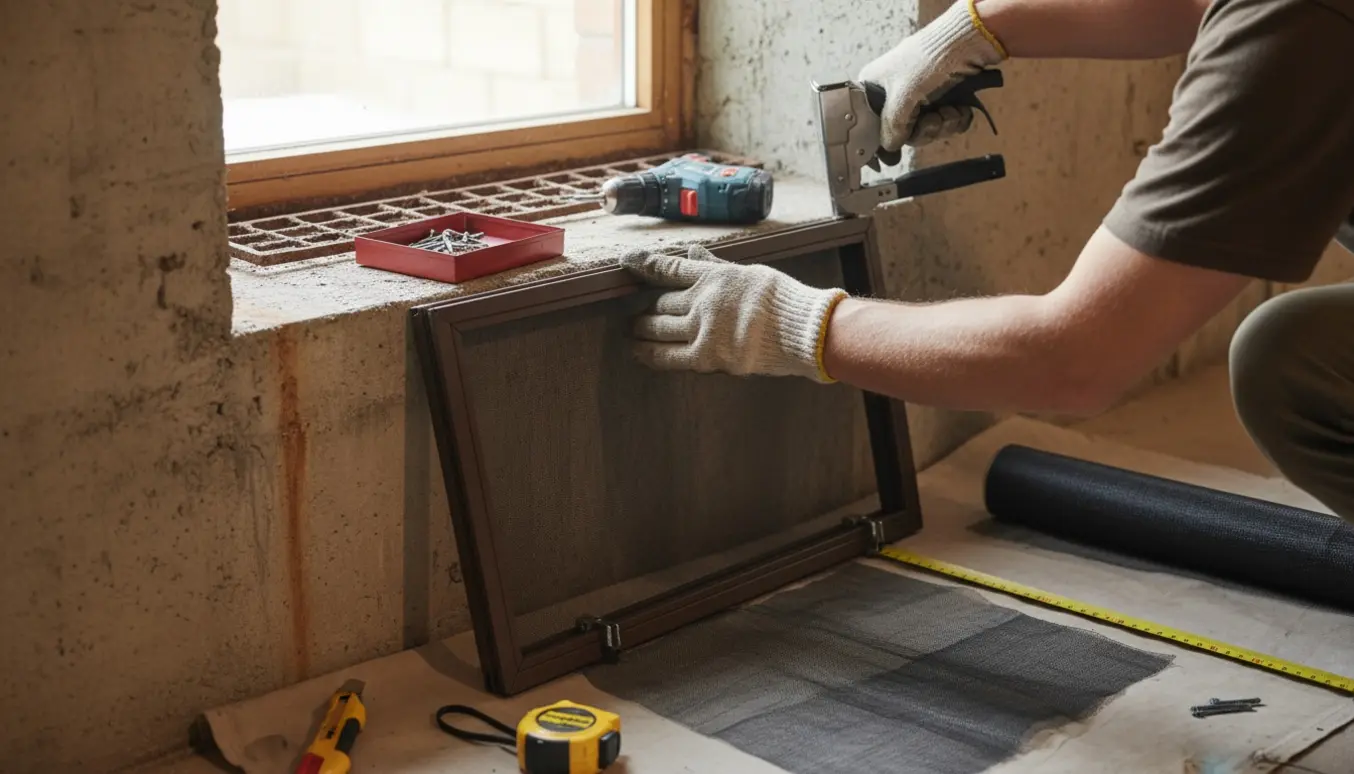 Hænder monterer et finmasket net i en ramme og sætter det på et kældervindue i beton.