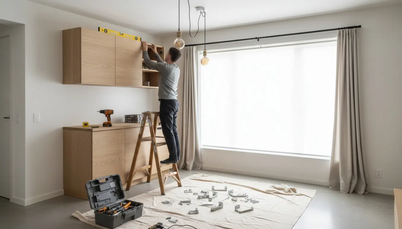 Løft af overskab og montering af pendellamper, gardinstang og rullegardin i et lyst, moderne hjem.