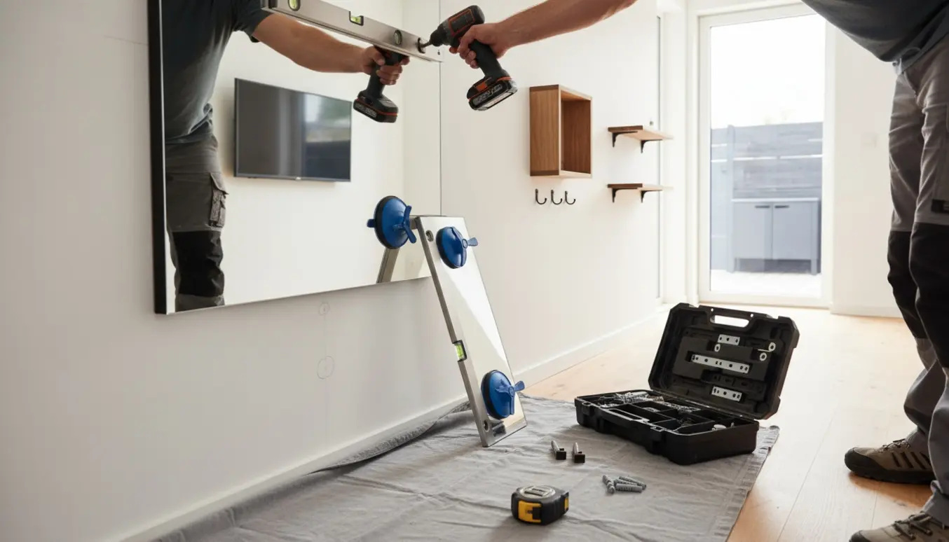 Hænder monterer omhyggeligt et tungt spejl på væggen i et nybygget hjem.