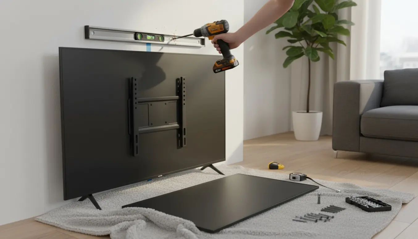 Nærbillede af hænder, der monterer et TV-beslag på en væg med boremaskine og vaterpas.