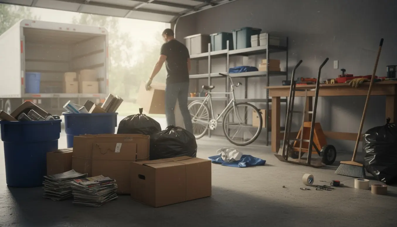 Åben garage under oprydning med bunke kasser og skraldeposer, håndtruck og en cykel, der står tilbage.