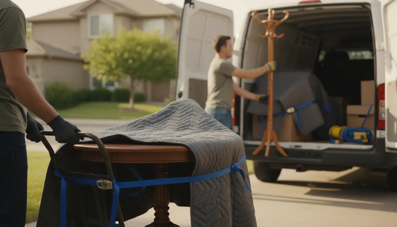 En flyttebil læsser et rundt træbord og en høj stumtjener, mens to personer set bagfra sikrer møblerne med tæpper og stropper.